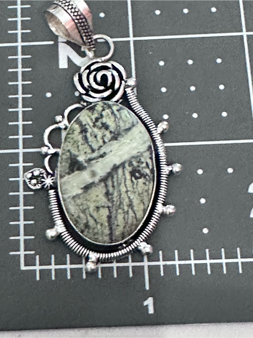 Artisan Silver Oval Green Dendritic Jasper Pendant Necklace with Rose Motif - Picture 4 of 13